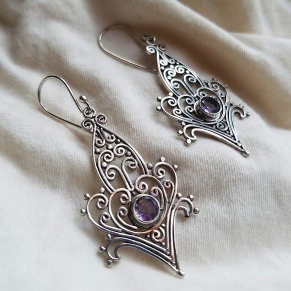 NEW Amethyst & Sterling Silver Filigree Boho Earrings Handmade Dangle Statement - Picture 4 of 7